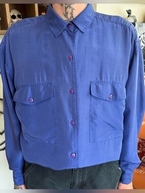 Vintage 90s Blue Silk Button Up Blouse ~ Size Medium